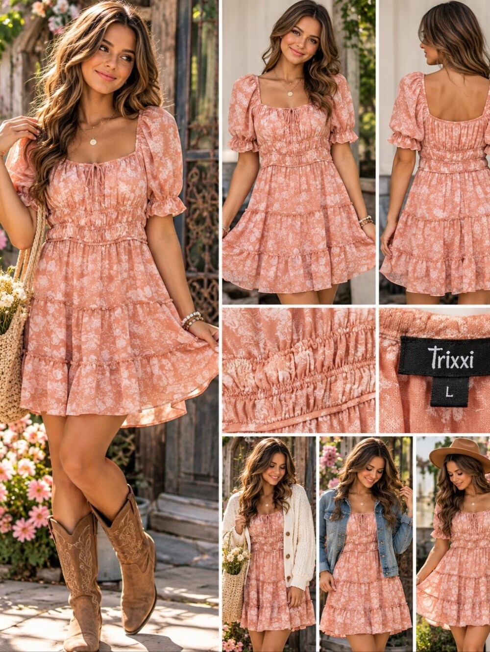 Trixxi Pink Floral Puff Sleeve Mini Dress Large – Cottagecore Coquette Boho
